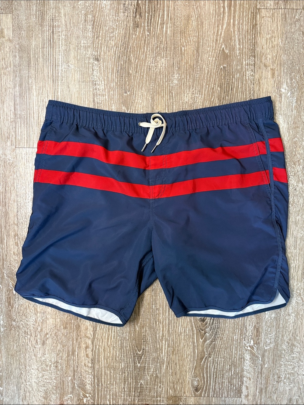 Fair Harbor Men's Navy Swim Shorts with Red Stripes